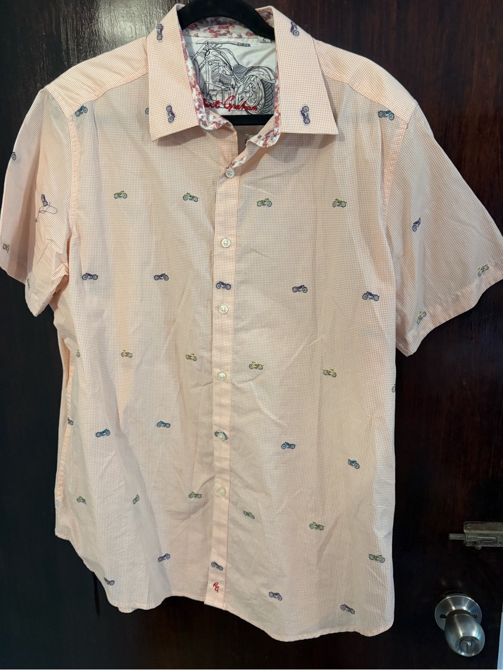 Robert Graham Peach Short-Sleeve Button-Down with Multicolor Bicycle Embroidery.